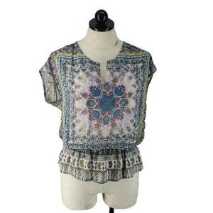 DR2 Women's Tribal Print Peplum Style Drop Waist Boho‎ Blouse Small
